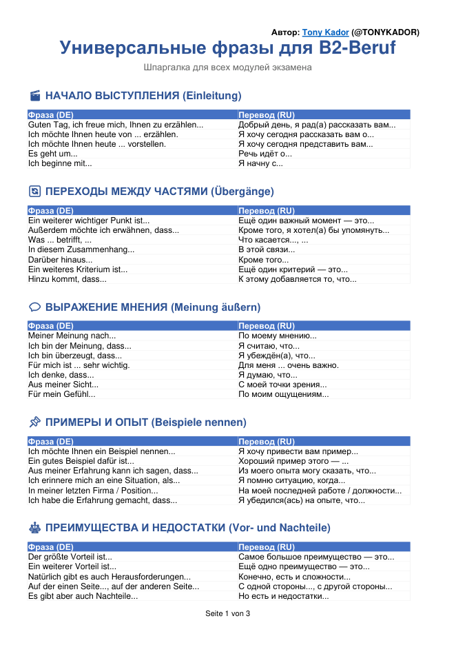 Шпаргалка B2 Beruf — страница 1