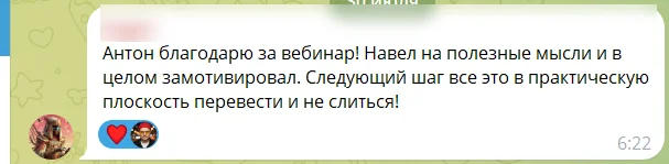 Отзыв участника платный вебинара: скриншот сообщения из чата