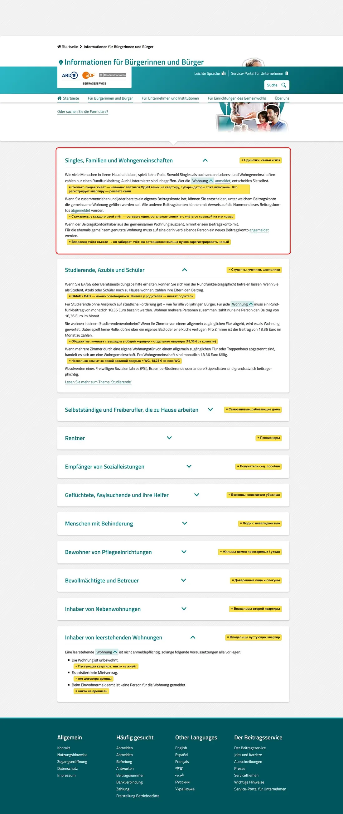 Страница Informationen für Bürgerinnen und Bürger целиком