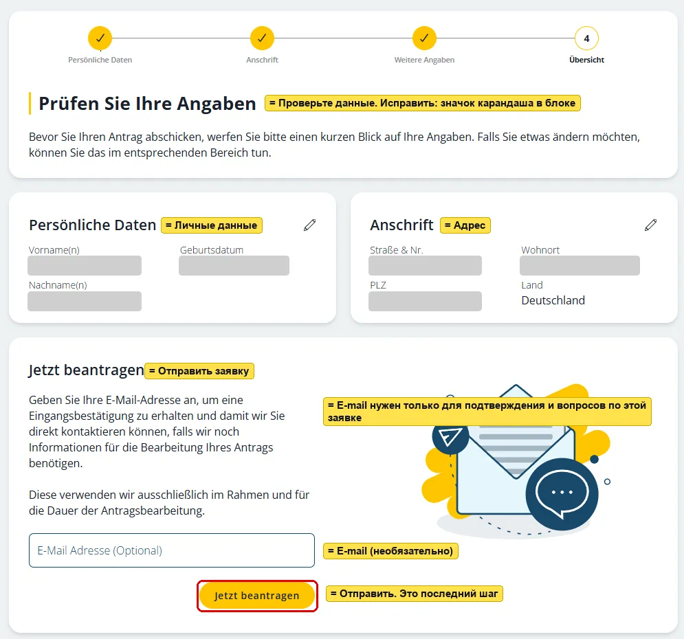 Шаг 4 формы: сводка данных (значения закрыты), поле e-mail, кнопка Jetzt beantragen обведена