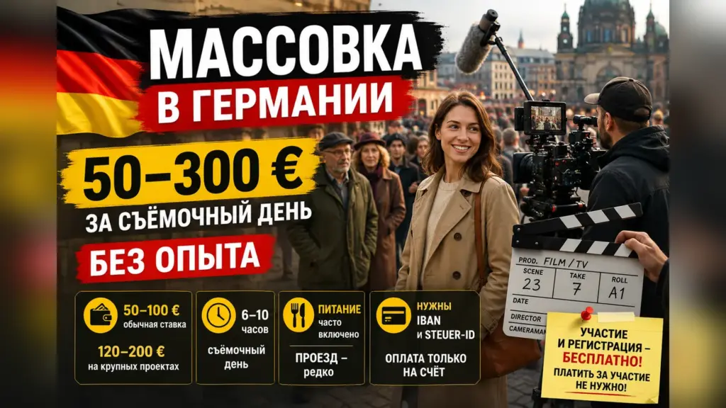 Массовка в Германии: съёмки в фильмах, рекламе и сериалах без опыта с оплатой 50-300 евро за съёмочный день.