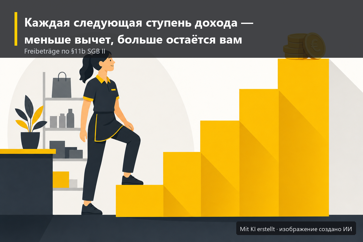 Иллюстрация: сотрудница поднимается по ступеням растущего дохода на Bürgergeld