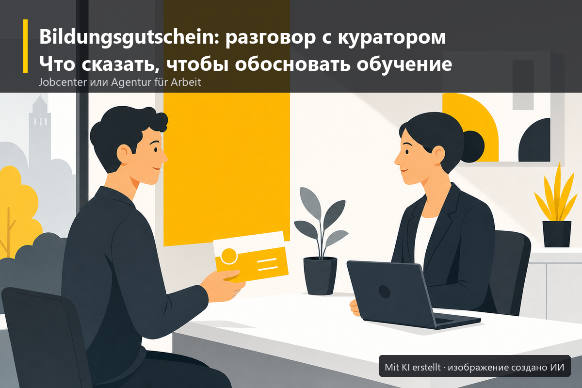 Иллюстрация: разговор с куратором Jobcenter о ваучере на обучение Bildungsgutschein