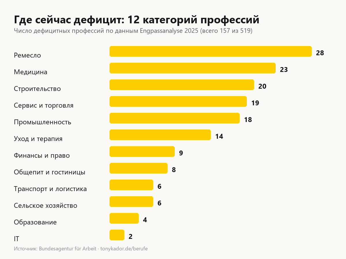 Диаграмма: число дефицитных профессий по 12 категориям в Германии, Engpassanalyse 2025