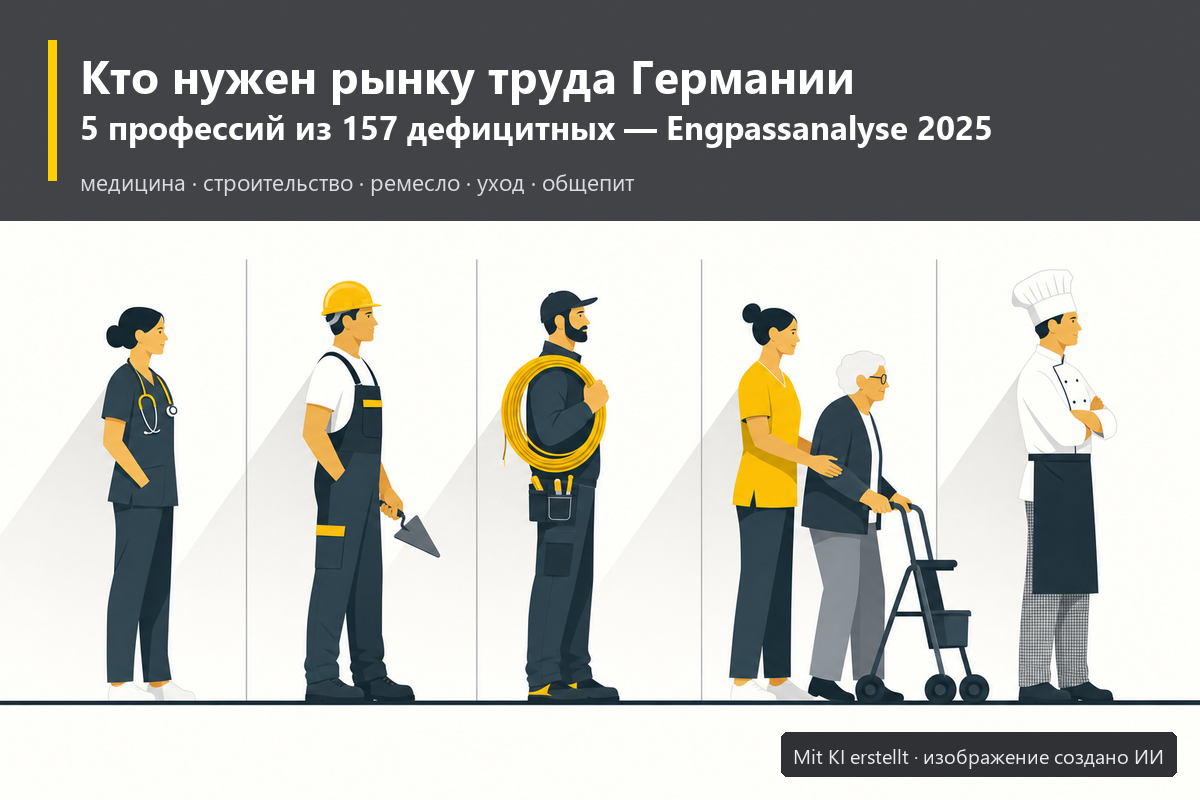 Иллюстрация: пять дефицитных профессий в Германии — медсестра, строитель, электрик, сиделка, повар