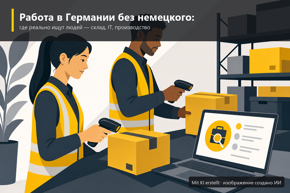 Иллюстрация: два сотрудника склада со сканерами и ноутбуком с вакансиями